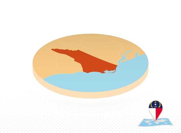 Vettore mappa dello stato della carolina del nord progettata in stile isometrico mappa circolare arancione