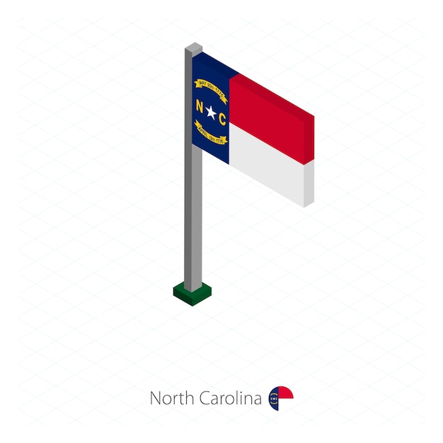 North Carolina US state flag on flagpole in isometric dimension Isometric blue background Vector illustration