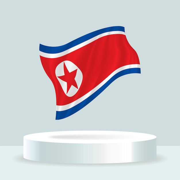 파스텔 색상으로 깃발을 흔들며 스탠드에 표시된 플래그의 북한 국기 3d 렌더링