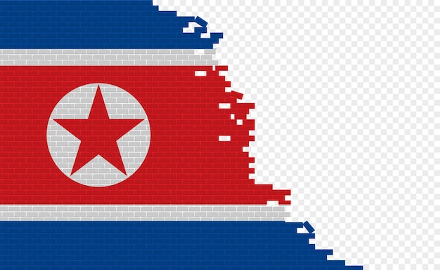 Флаг Северной Кореи на сломанной кирпичной стене. Пустое поле флага другой страны. Сравнение стран.