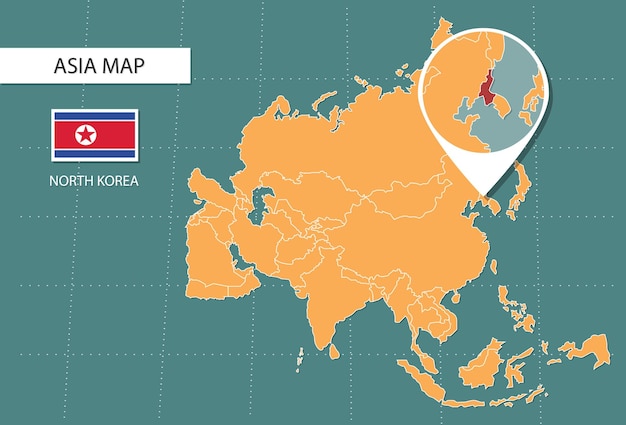 벡터 북한의 위치와 깃발을 보여주는 아시아 줌 버전 아이콘의 북한지도