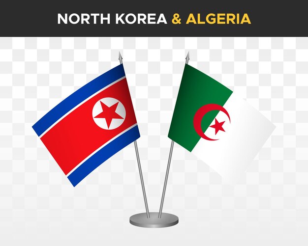 Bandiere da scrivania corea del nord vs algeria mockup isolate 3d illustrazione vettoriale bandiere da tavolo