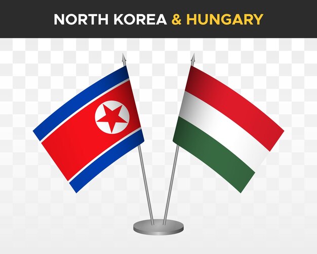 North Korea vs hungary desk flags mockup isolated 3d vector illustration table flags