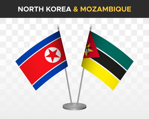 Макет настольных флагов Северной Кореи и Мозамбика изолированные трехмерные векторные иллюстрационные флаги таблицы