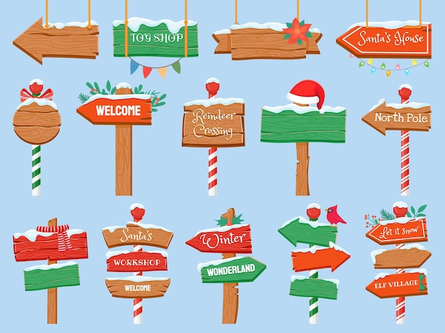 North pole signs. christmas wooden street signboad with snow. arrow signpost direction to santa workshop. winter holiday toy shop vector set