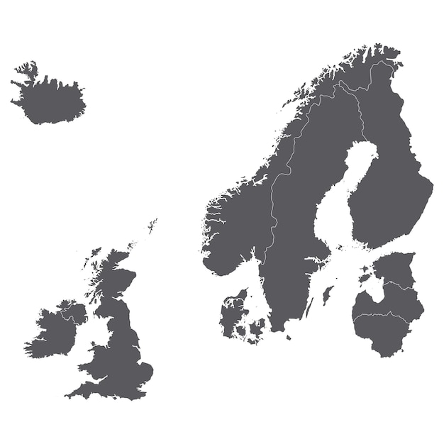 北欧の国地図 灰色の北ヨーロッパの地図