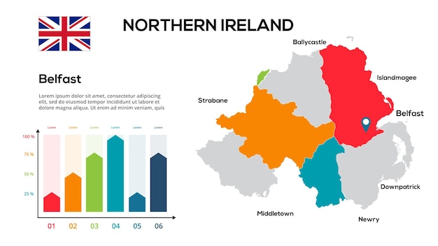 북아일랜드 지도 북아일랜드 지역의 형태로 된 세계 지도의 이미지 국가 국기 인포그래픽 타임라인 편집하기 쉬운