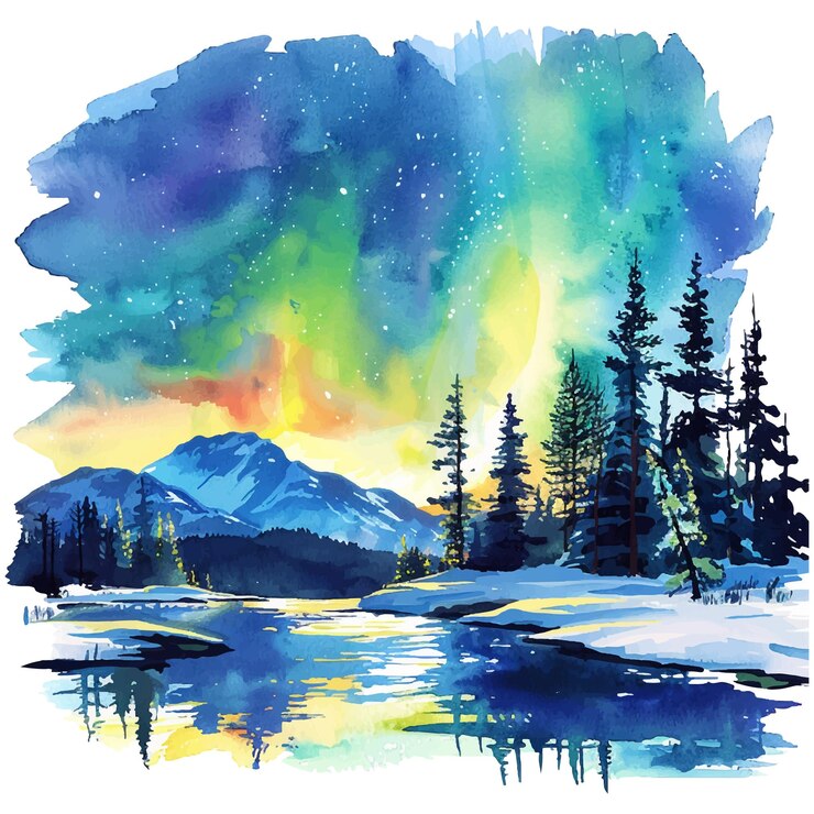 Vector northern light lanscape vector illustration in watercolor style