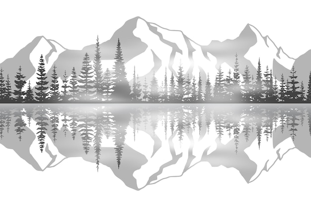 Northern nature view, black and white landscape, reflection of mountains and forests in the lake