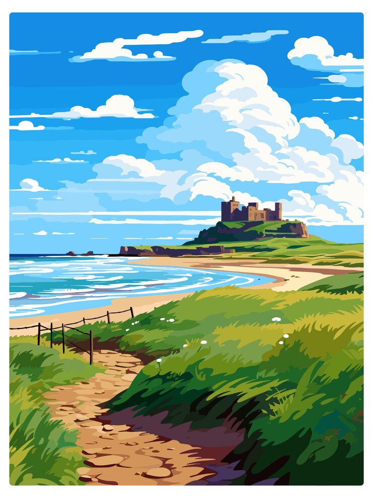 Vector northumberland coast aonb vintage travel poster souvenir postcard portrait painting wpa illustration