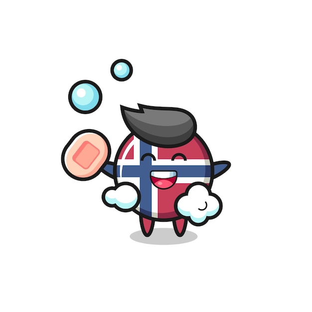 ノルウェーの旗バッジのキャラクターが石鹸を持って入浴しています