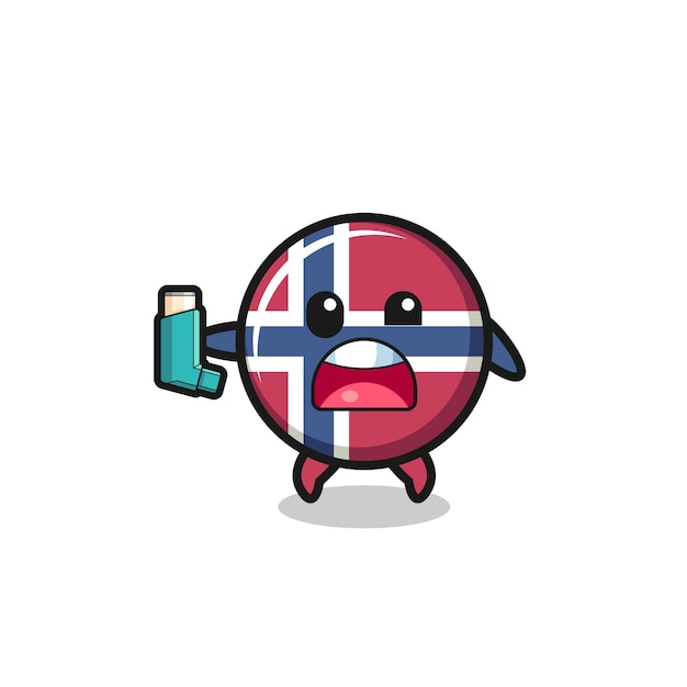 吸入器のかわいいデザインを保持しながら喘息を持っているノルウェーの旗のマスコット
