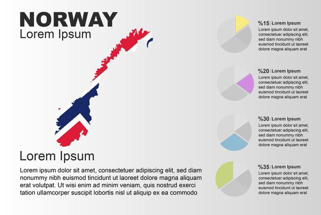 Modello vettoriale di uso generale infografica norvegia con grafico a torta mappa della bandiera del paese norvegese con grafica