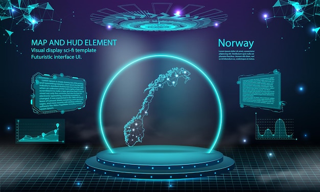 노르웨이 지도 빛 연결 효과 배경 추상 디지털 기술 UI GUI 노르웨이 지도와 미래 HUD 가상 인터페이스 안개 속에서 무대 미래 연단