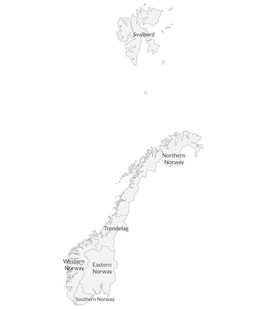 노르웨이 지도: 노르웨이를 6개 주요 지역으로 분할한 지도, 색