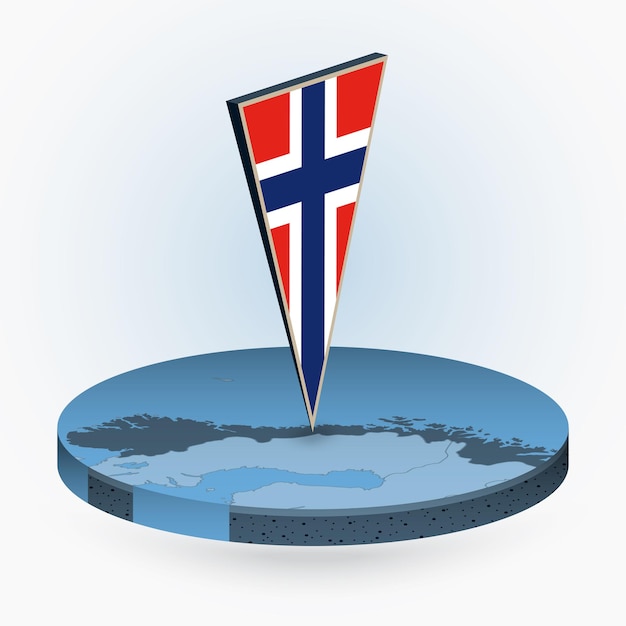 ノルウェーの三角形の 3 D 旗を持つ丸いアイソメ図スタイルのノルウェー地図