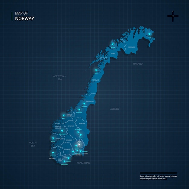 ベクトル 青いネオンライトポイントのあるノルウェーの地図