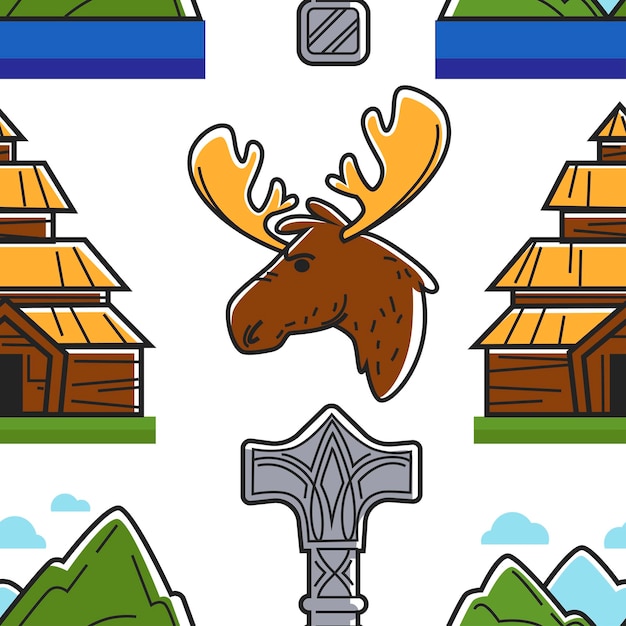 Vector norway symbols building animal landscape and hammer seamless pattern