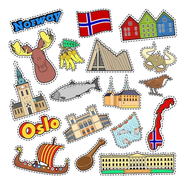 Norvegia elementi di viaggio con architettura e viking. doodle di vettore