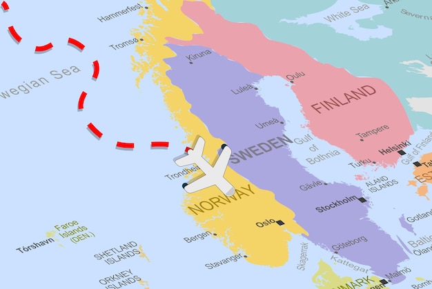 Norvegia con aereo e linea tratteggiata sulla mappa dell'europa, primo piano norvegia, concetto di vacanza, destinazione di volo