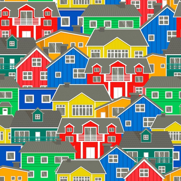 Vector norwegian colorful houses set hand drawn seamless vector pattern