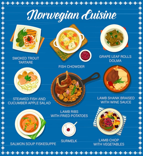 Norwegian cuisine menu with fish and meat food