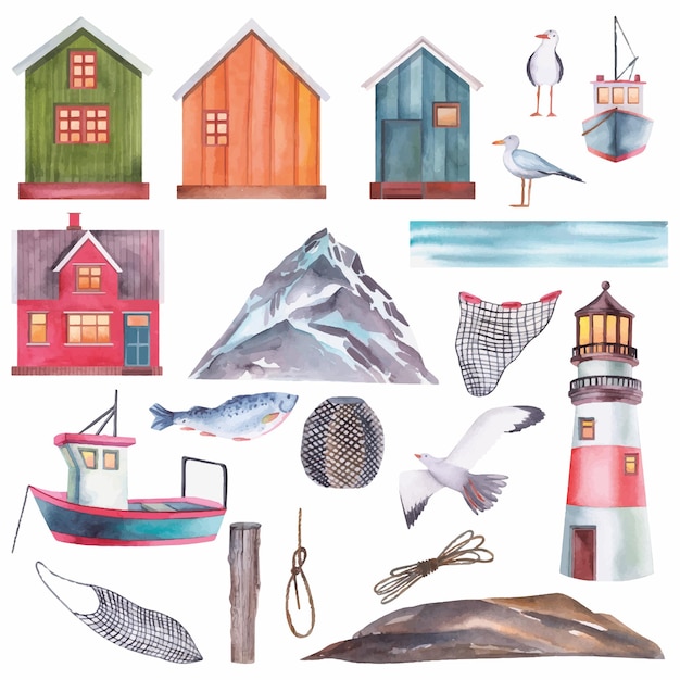 Case norvegesi e montagne barche reti da pesca acqua acquerello illustrazione