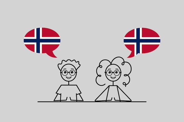 Norwegian speakers, cartoon boy and girl with speech bubbles in norway flag colors, learning norsk language vector illustration