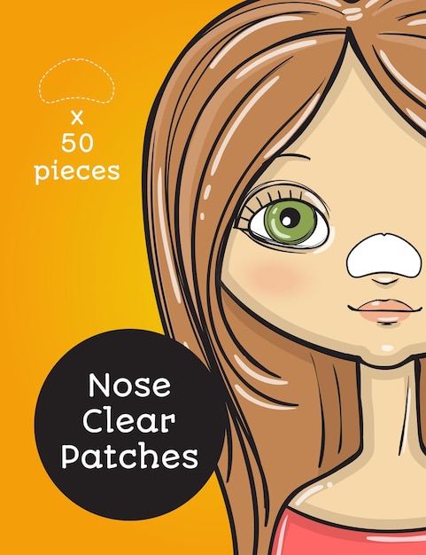 Design del pacchetto di toppe chiare per il naso, illustrazione vettoriale di donna di bellezza del fumetto
