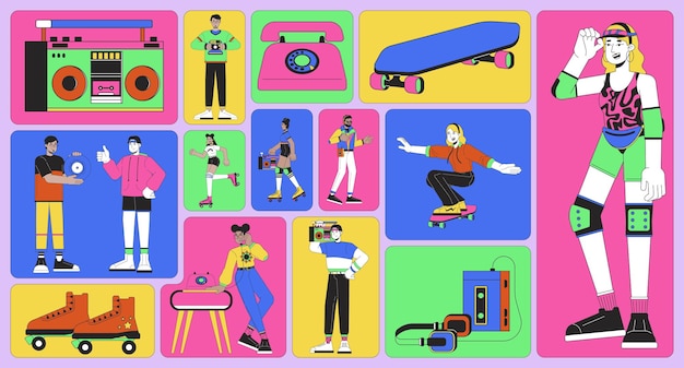 nostalgic 80s people diverse bento grid illustration set