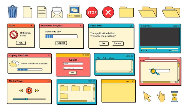 ノスタルジックな90年代uiレトロエラーメッセージ古いコンピューターアイコンとアプリウィンドウベクトルセット