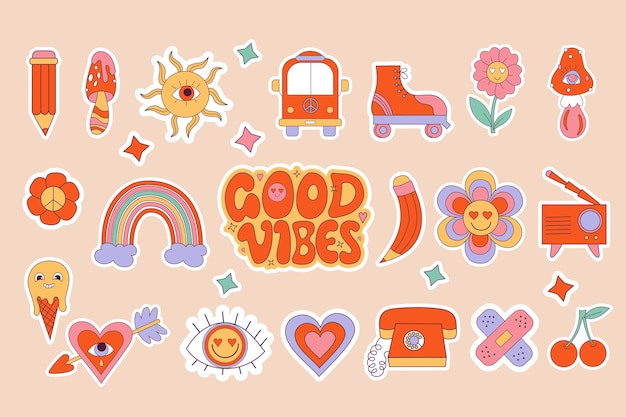 Nostalgie Retro groovy elementen cartoon positieve symbolen funky hippie stickers Psychedelische clipart