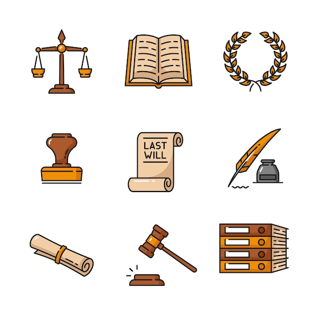 Vector notary justice and legal service icons of law