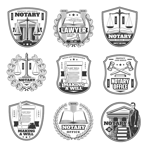 Vector notary office icons testament decree judge law