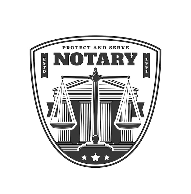 Vector notary service icon with court building and scales of justice, vector emblem. lawyer or notary service office and law court or legal department sign, legislation, jurisprudence and courtroom