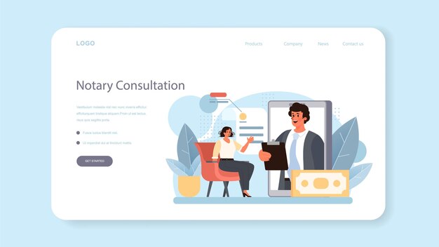 公証人サービスのwebバナーまたはランディングページ。紙の文書に署名して合法化する専門の弁護士。文書の署名を目撃している人。分離されたフラットベクトル図