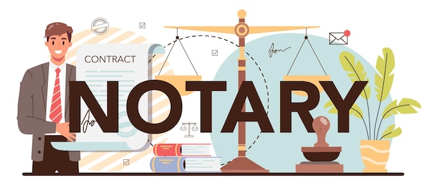 벡터 공증인 인쇄상의 헤더 전문 변호사 서명 및 종이 문서 합법화 문서 격리 된 평면 벡터 일러스트 레이 션에 서명을 목격하는 사람