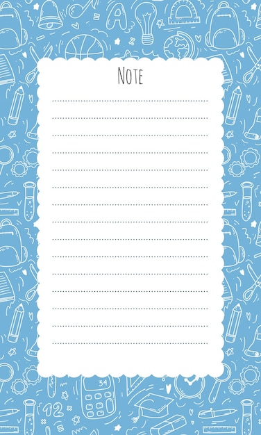 Vector note list template for planner to do list bullet journal content white blank page on blue background with school elements in doodle style