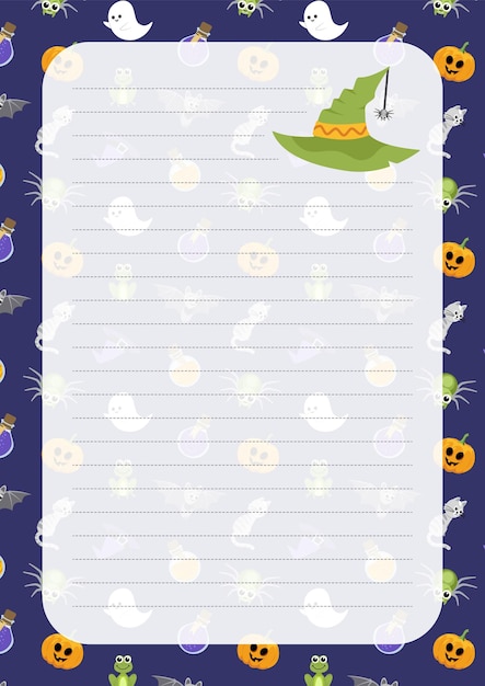 Note paper with wizard or witch hat Halloween notebook sheet Cartoon flat vector