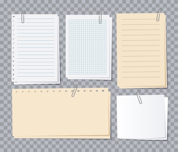 note papers sheets. different notepaper with paper clips, memo stickers. notepad for notice, appointment list of notebook vector set. illustration memo notebook, notepad list and notepaper