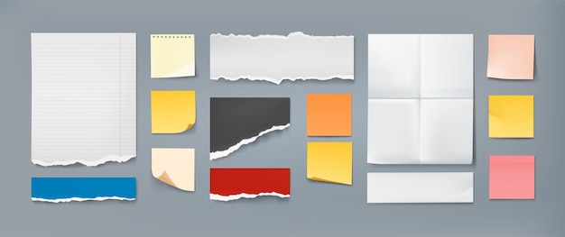 참고 시트 찢어진 가장자리가 있는 현실적인 색상 메모장 페이지 빈 사무실 문구 스티커 메모 용지 모형 벡터 알림 스티커 세트