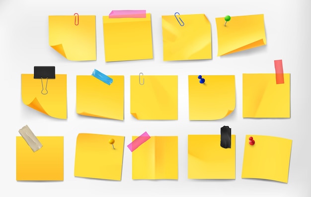 ノートステッカーリアルな黄色の空白の粘着性のメモ帳メッセージメモページシートオフィス文房具とカラー紙のリマインダーベクトル分離セット
