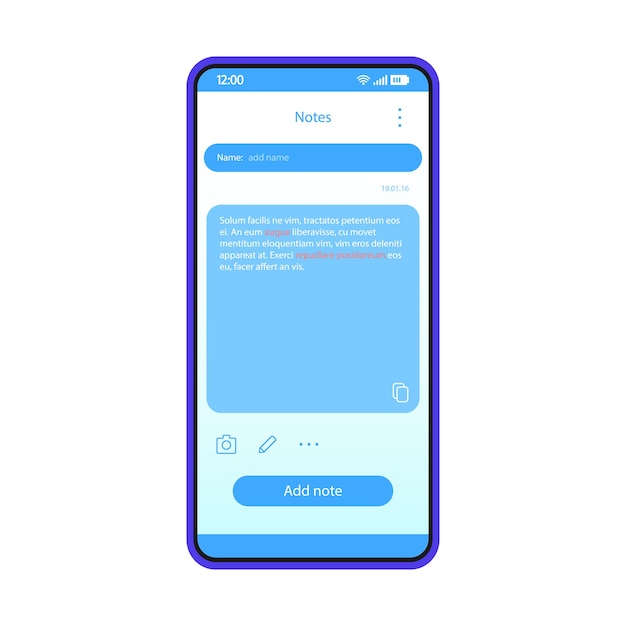 note taking app interface vector template. mobile app interface blue design layout. smartphone reminder application. flat ui. phone display with note text