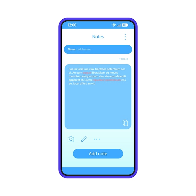 Note taking app interface vector template. Mobile app interface blue design layout. Smartphone reminder application. Flat UI. Phone display with note text