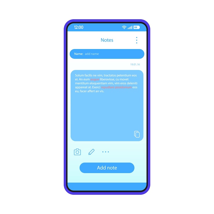 Vector note taking app interface vector template. mobile app interface blue design layout. smartphone reminder application. flat ui. phone display with note text