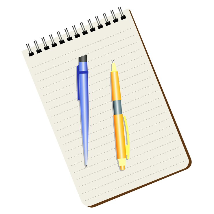 Vector notebook, blue  pen and yellow pen on a white background