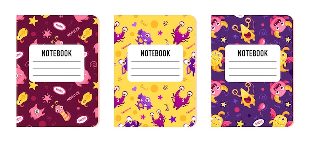 Notebook cover templates with funny monsters patterns printable background for school stationery