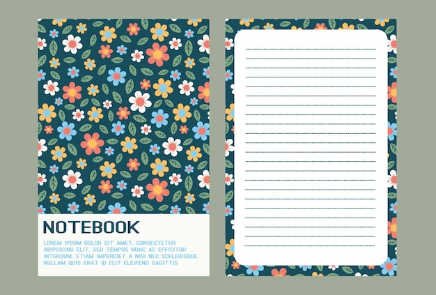 Vector notebook cover and writing page set with floral print