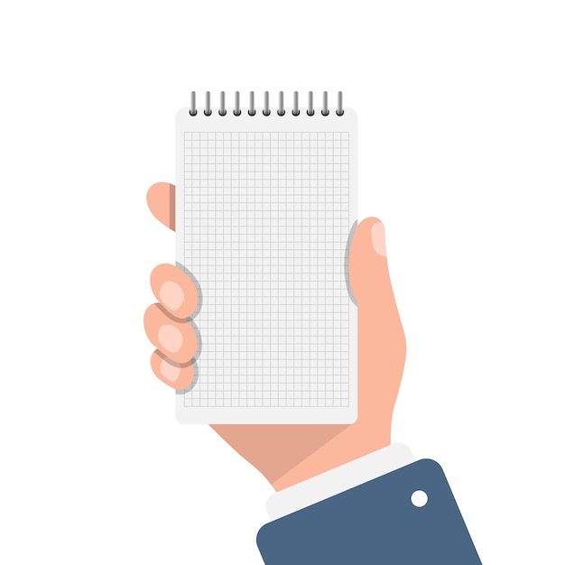 Notebook in mano illustrazione in stile piatto foglio di carta illustrazione vettoriale su sfondo isolato concetto di business del segno di pagina