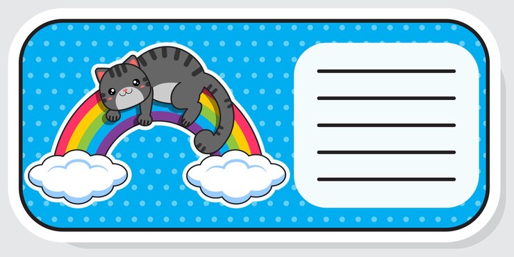 Vector notebook label cat and rainbow baby stickers vector illustration
